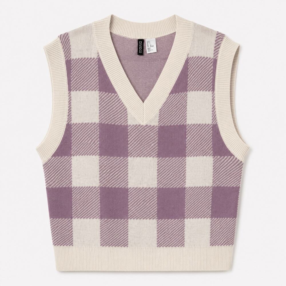 H&M Divided Sweater Vest Women’s Small Lavender Cream Check Preppy Y2K Knit